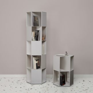 Hexagon freestanding storage pillar by Nendo. Height 72 and 178 cm high. Function as bookcase, showcase, pedestal, side table.